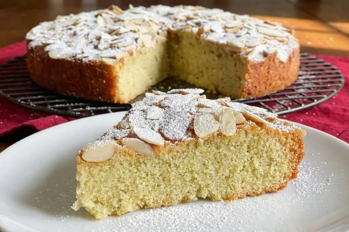 Nonna’s Italian Almond Cake (Effortless & Simple Gluten-Free Option) Italian Almond Cake A beautifully moist slice of Italian almond cake resting on a white plate, topped with sliced almonds and a soft dusting of powdered sugar, with the rest of the rustic cake sitting on a cooling rack in the background.