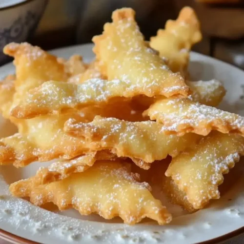 Homemade Italian Crostoli: A Nostalgic Family Recipe Italian Crostoli A close-up view of crispy traditional Italian crostoli piled high on an elegant white plate, featuring delicate, golden-fried pastry ribbons with rustic fluted edges, all generously dusted with sweet powdered sugar.
