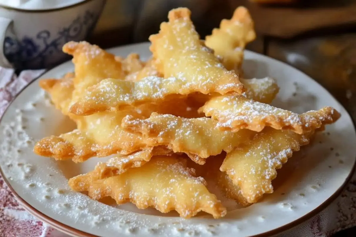 Homemade Italian Crostoli: A Nostalgic Family Recipe Italian Crostoli A close-up view of crispy traditional Italian crostoli piled high on an elegant white plate, featuring delicate, golden-fried pastry ribbons with rustic fluted edges, all generously dusted with sweet powdered sugar.