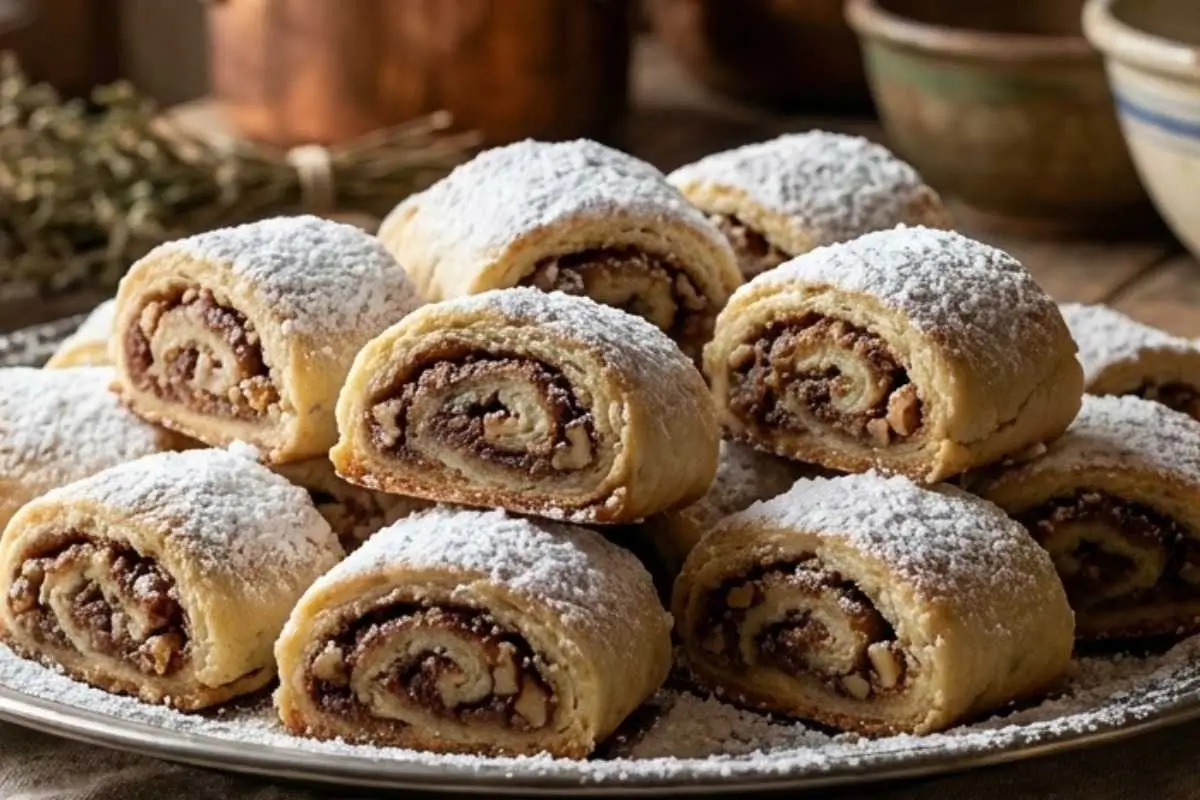 Italian Nut Roll Cookie A beautiful stack of sliced traditional Italian nut roll cookies, generously dusted with powdered sugar and revealing a swirl of sweet nut filling, resting on a serving platter in a warm, rustic kitchen.
