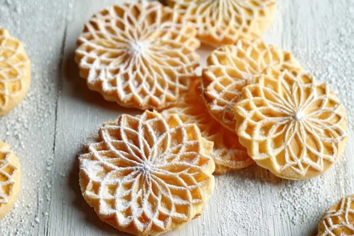 Perfect Italian Pizzelle Cookies for Sweet Memories Italian Pizzelle cookies A stack of golden Italian pizzelle cookies with delicate patterns, dusted lightly with powdered sugar on a rustic wooden board.