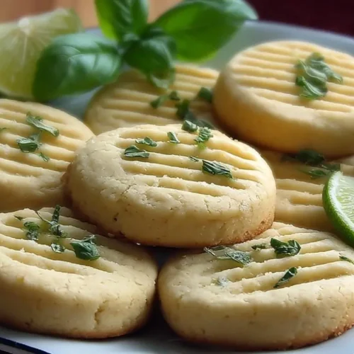 Lemon Lime Basil Italian Shortbread Cookies (A Sweet Garden Surprise) Lemon Lime Basil Italian Shortbread Cookies A close-up view of freshly baked lemon lime basil Italian shortbread cookies resting on a simple ceramic plate, garnished with freshly chopped basil and bright green lime wedges.