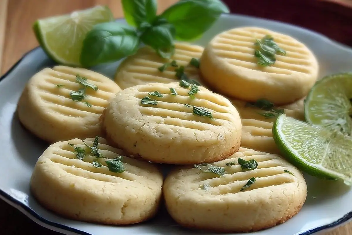 Lemon Lime Basil Italian Shortbread Cookies (A Sweet Garden Surprise) Lemon Lime Basil Italian Shortbread Cookies A close-up view of freshly baked lemon lime basil Italian shortbread cookies resting on a simple ceramic plate, garnished with freshly chopped basil and bright green lime wedges.