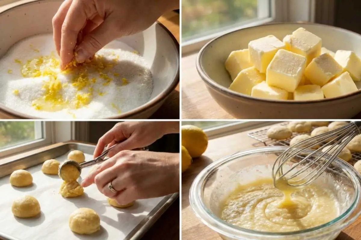 Make-Ahead & Freezing Mastery A four-panel collage showing how to prepare make ahead Italian lemon drop cookies, featuring hands gently rubbing fresh lemon zest into sugar, a rustic bowl of cubed butter, a cookie scoop dropping dough onto a parchment-lined baking sheet, and a glass bowl of freshly whisked lemon glaze.