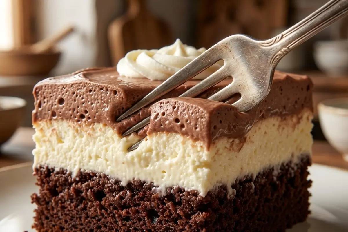 Make-Ahead, Storage & Freezing Instructions A vintage silver fork gently pressing into a decadent slice of make ahead Italian Love Cake, showing its moist chocolate sponge, creamy ricotta center, and rich chocolate frosting.