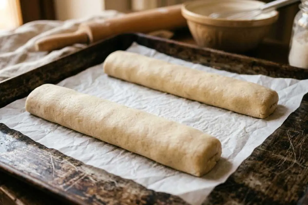 Masterclass Italian Fig Cookies A dark, weathered baking sheet lined with crinkled parchment paper holding two neatly rolled logs of unbaked dough for authentic Italian fig cookies, sitting on a rustic wooden table with a rolling pin in the background.