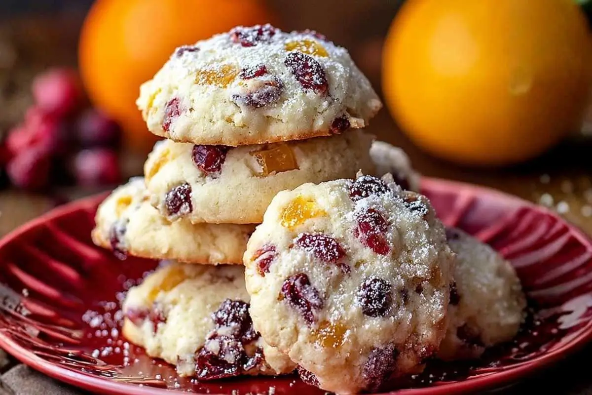 Zesty Orange Cranberry Ricotta Cookies: My Foolproof Secret to a Showstopping Holiday Platter Orange Cranberry Ricotta Cookies A stack of soft Orange Cranberry Ricotta Cookies with zesty orange zest and plump cranberries, resting on a rustic ceramic plate with a dusting of powdered sugar.