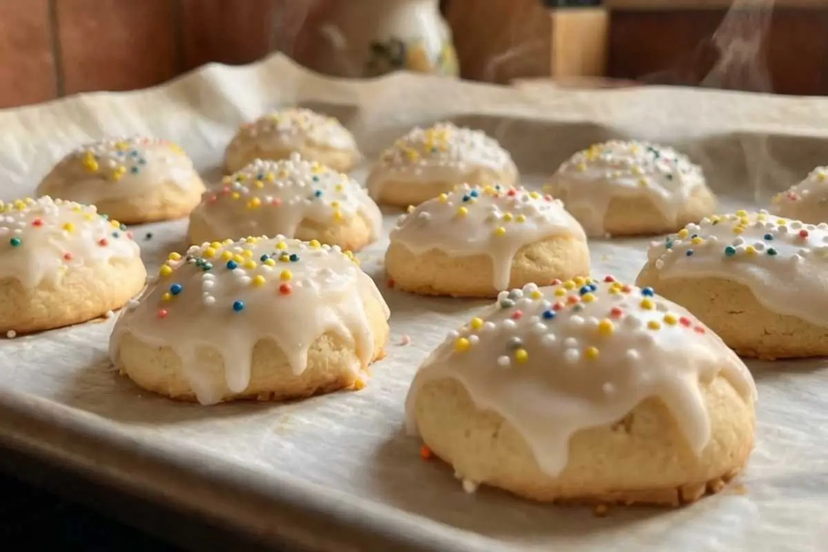 Rena's Baker's Secrets A parchment-lined baking sheet filled with warm Italian lemon drop cookies covered in a sweet white glaze and rainbow sprinkles, with gentle steam rising in a rustic kitchen setting.