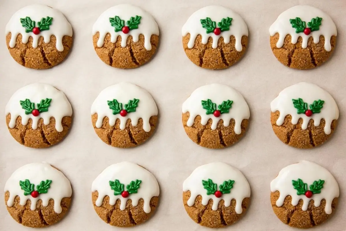 Rena's Chocolate Rescue Masterclass An overhead view showing how to decorate white chocolate dipped ginger cookies, featuring twelve perfectly spiced cookies arranged in a neat grid on parchment paper, each topped with a glossy white chocolate drip and a festive candy holly leaf.