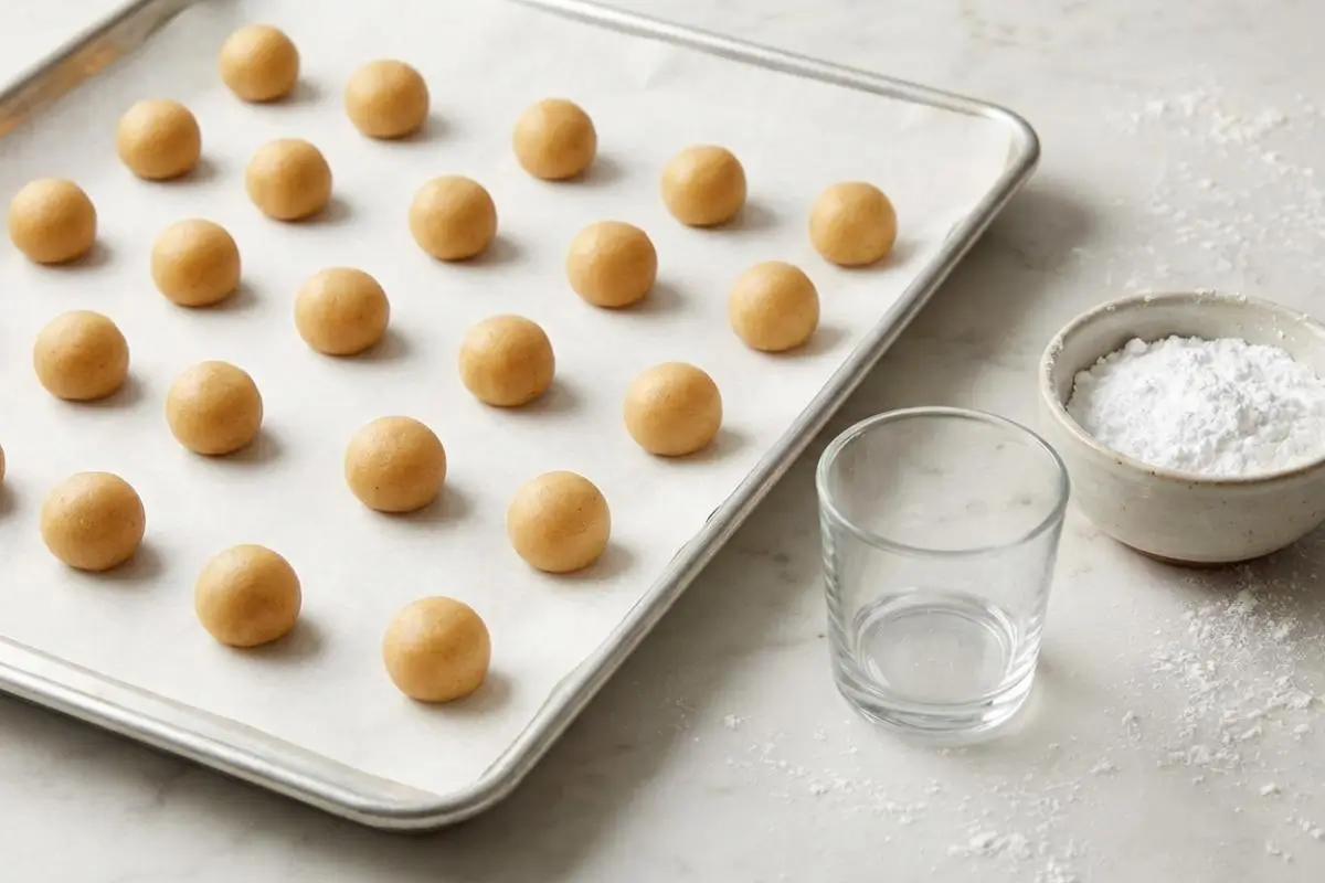 Rena's Cookie Rescue Masterclass FOR Almond Meltaway Cookies A parchment-lined baking sheet neatly arranged with round balls of unbaked dough for almond meltaway cookies, sitting next to a small glass and a rustic bowl of powdered sugar on a lightly dusted counter.
