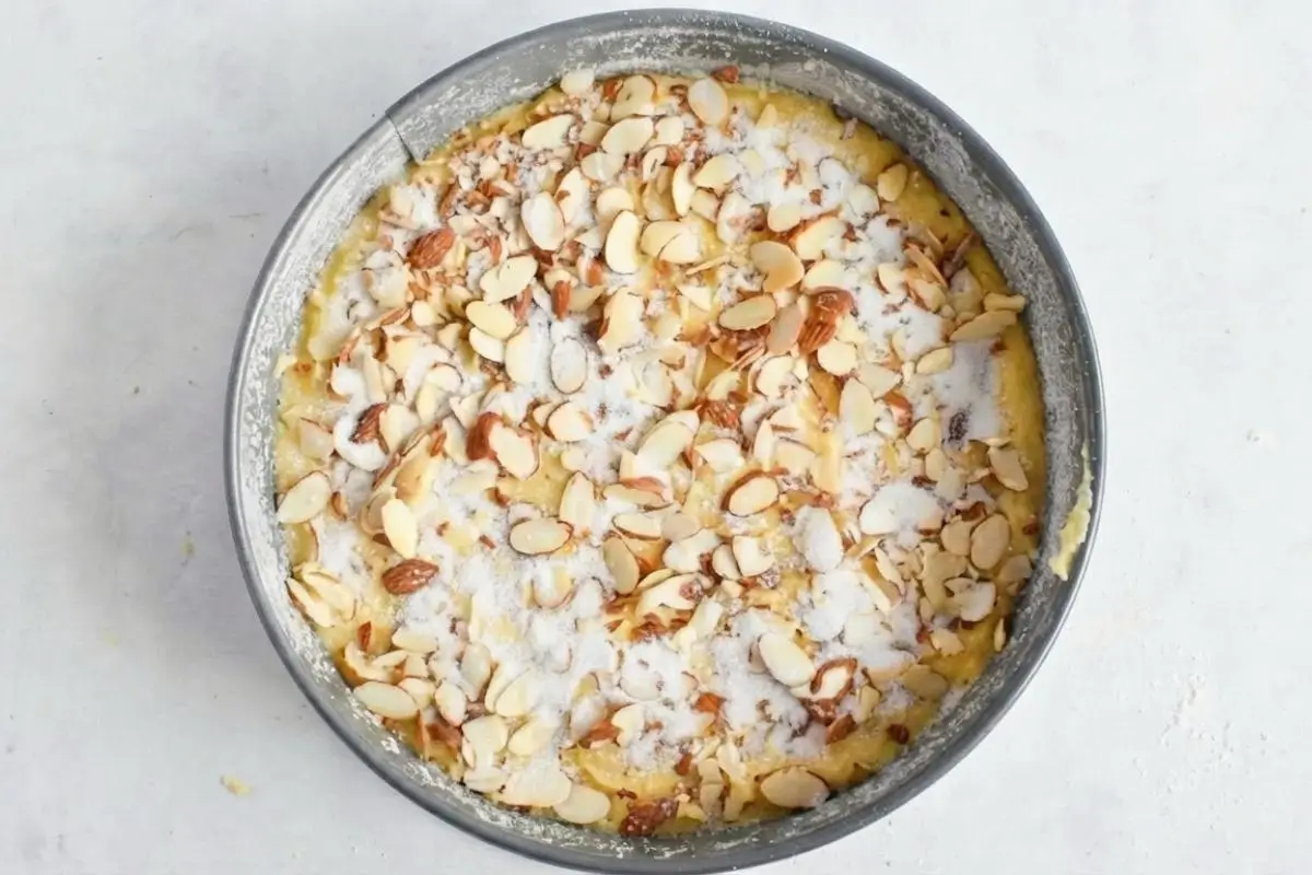 Rena's Expert Tips For Success For Your Italian Almond Cake A top-down view of Italian almond cake batter in a round metal baking pan, generously covered with sliced almonds and a heavy sprinkle of granulated sugar before going into the oven.