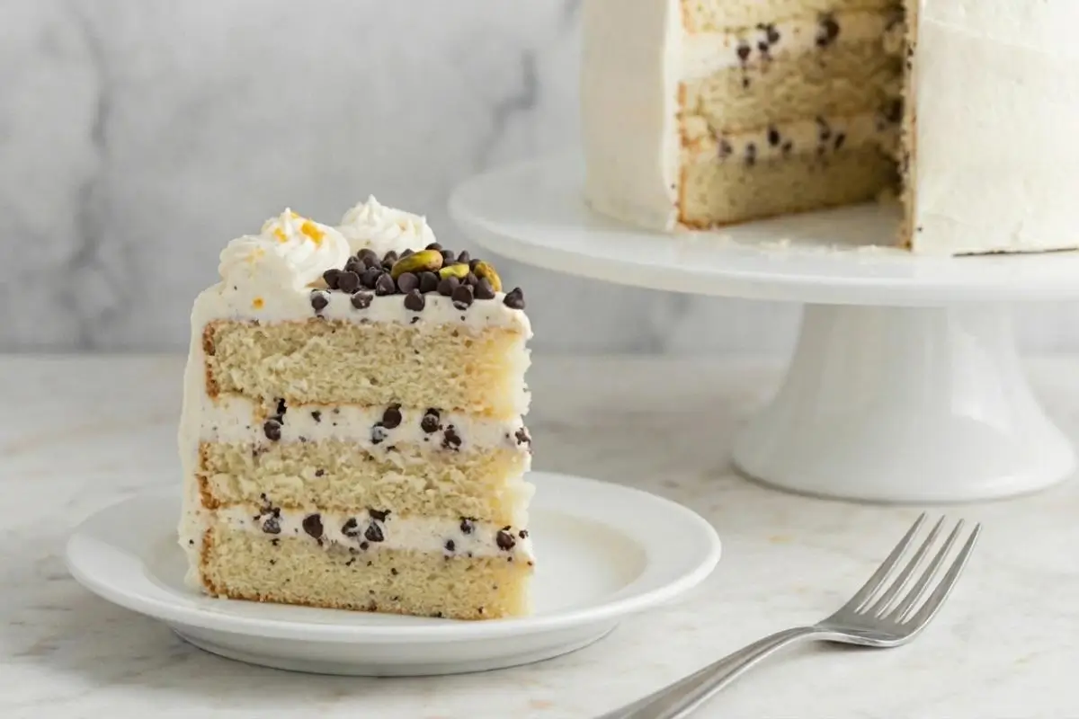 Rena’s No Fail Tips Avoiding the Soggy Bottom A pristine slice of three-layer cake resting on a white plate next to a silver fork, showcasing our no fail cannoli cake tips for achieving a perfectly baked, sturdy bottom layer that easily holds up to the thick ricotta filling.
