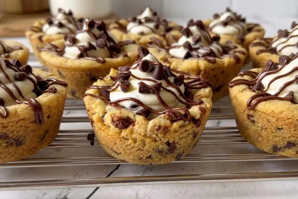 Rena's No Fail Tips For Your Cannoli Cookie Cups A close-up view of freshly baked, no fail cannoli cookie cups resting on a metal cooling rack, generously filled with fluffy ricotta cream, sprinkled with mini chocolate chips, and finished with a beautiful, rustic chocolate drizzle.