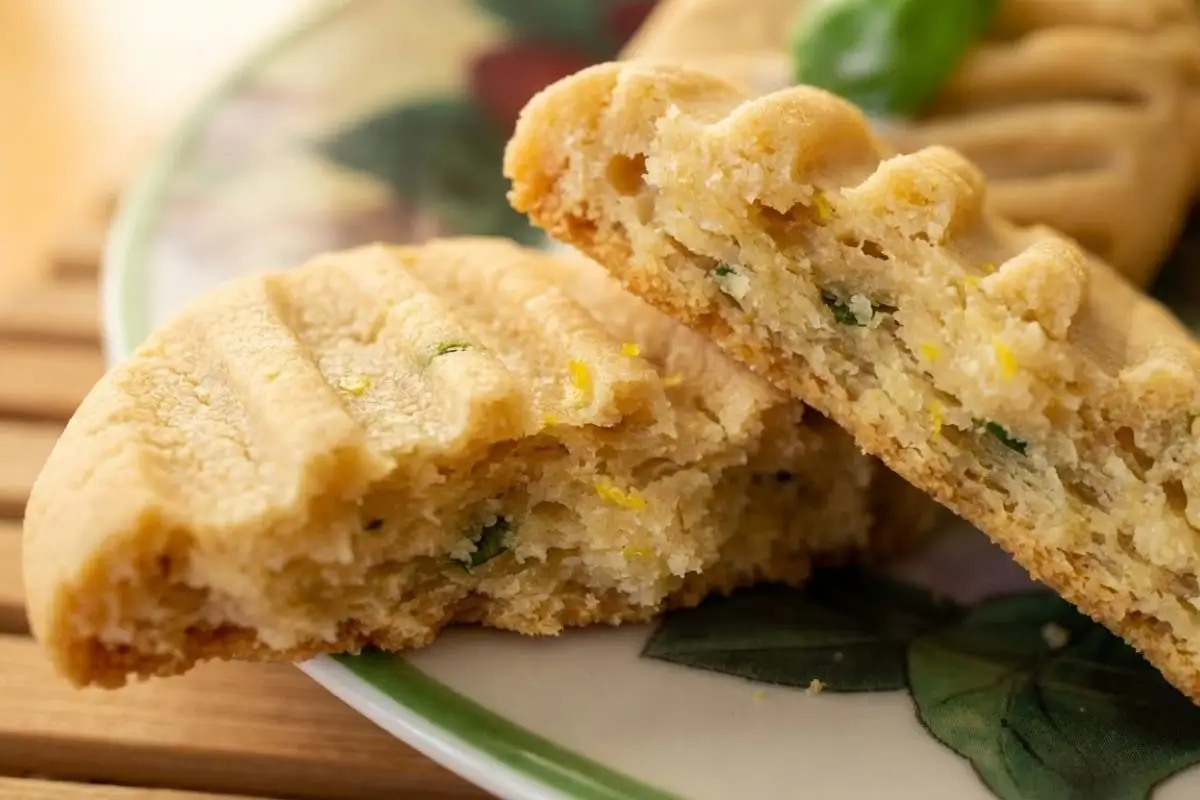 Rena's No-Fail Tips Preemptive Problem-Solving A close-up view of a broken lemon lime basil Italian shortbread cookie resting on a floral ceramic plate, revealing its beautifully crumbly, buttery interior speckled with fresh green herbs.
