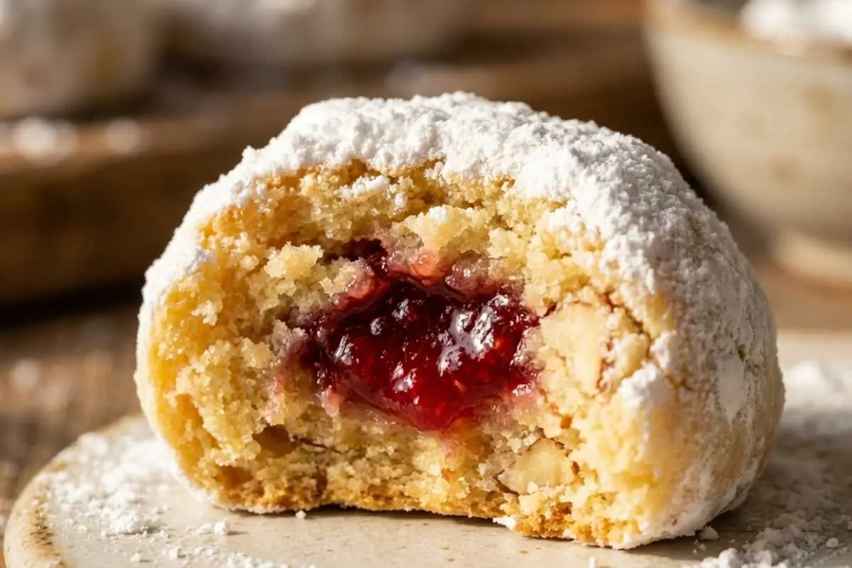 Rena's No-Fail Tips for your Almond Snowball Cookies An overhead view of simple almond snowball cookie ingredients spread across a rustic wooden table, featuring almond flour, whole almonds, rich butter, a vintage sifter with powdered sugar, and a jar of bright red raspberry jam.