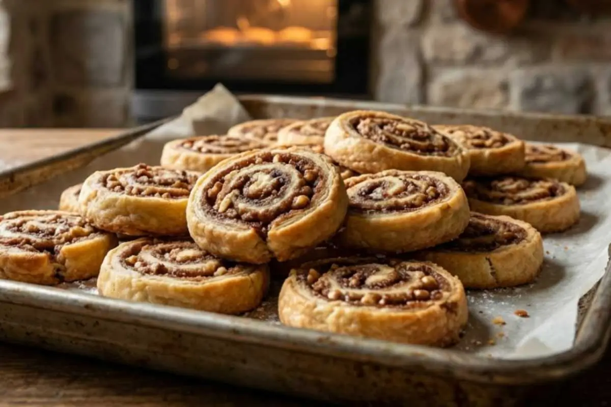 Rena's No Fail Tips for your Italian Nut Roll Cookie A rustic pile of freshly baked Italian nut roll cookies resting on a parchment-lined baking sheet, with a warm, glowing oven in the background of a cozy kitchen.