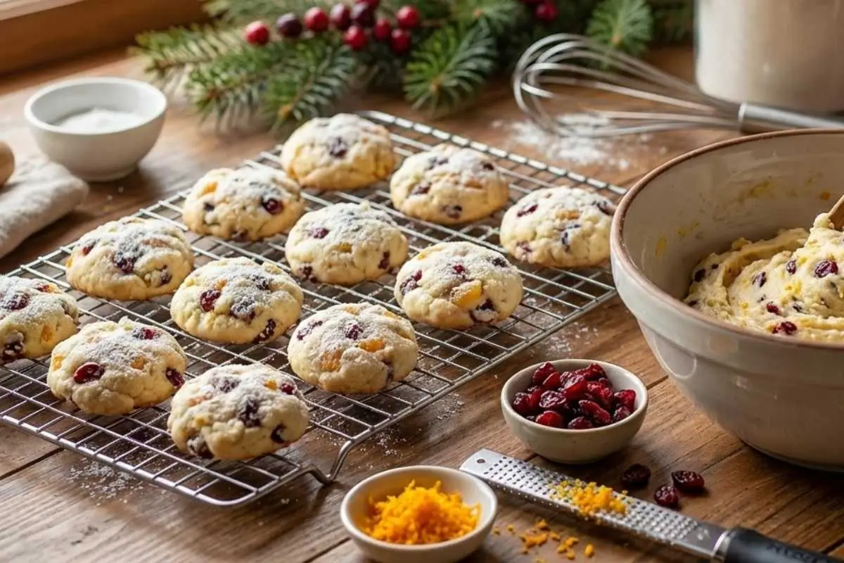 Rena's No Fail Tips for your Orange Cranberry Ricotta Cookies A rustic wooden table featuring freshly baked, powdered sugar-dusted cookies cooling on a wire rack next to a bowl of dough, fresh orange zest, and tart cranberries, demonstrating the beautiful results of these no-fail orange cranberry ricotta cookies.