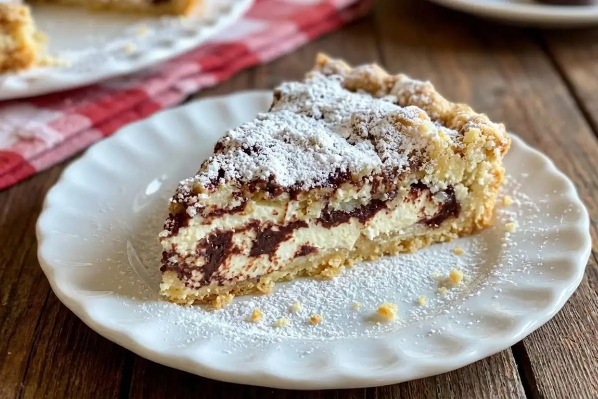 Ricotta Crostata Recipe A close-up view of a freshly sliced piece of our authentic ricotta crostata recipe, showcasing a creamy filling swirled with chocolate inside a golden, crumbly crust generously dusted with powdered sugar.
