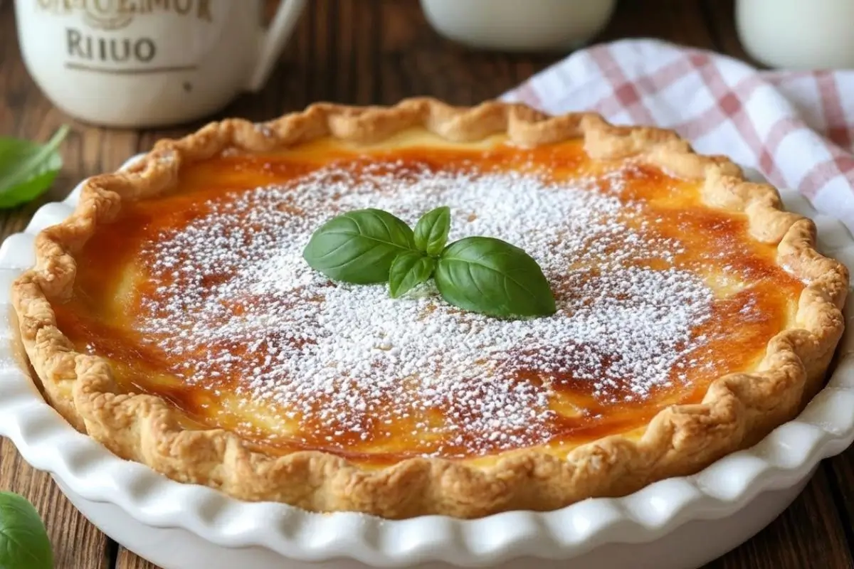 _Ricotta Pie A whole traditional Italian ricotta pie baked in a white fluted dish, featuring a golden-brown top lightly dusted with powdered sugar and garnished with fresh green basil leaves, resting on a rustic wooden table.