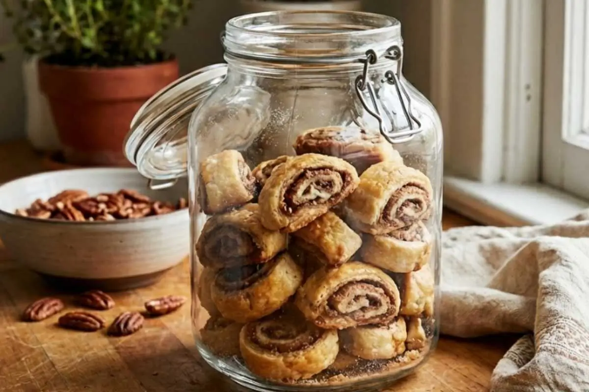 Serving & Storage for your Italian Nut Roll Cookie A clear glass storage jar filled with baked Italian nut roll cookies sitting on a rustic wooden table next to a small bowl of pecans, beautifully demonstrating how to store these sweet treats.