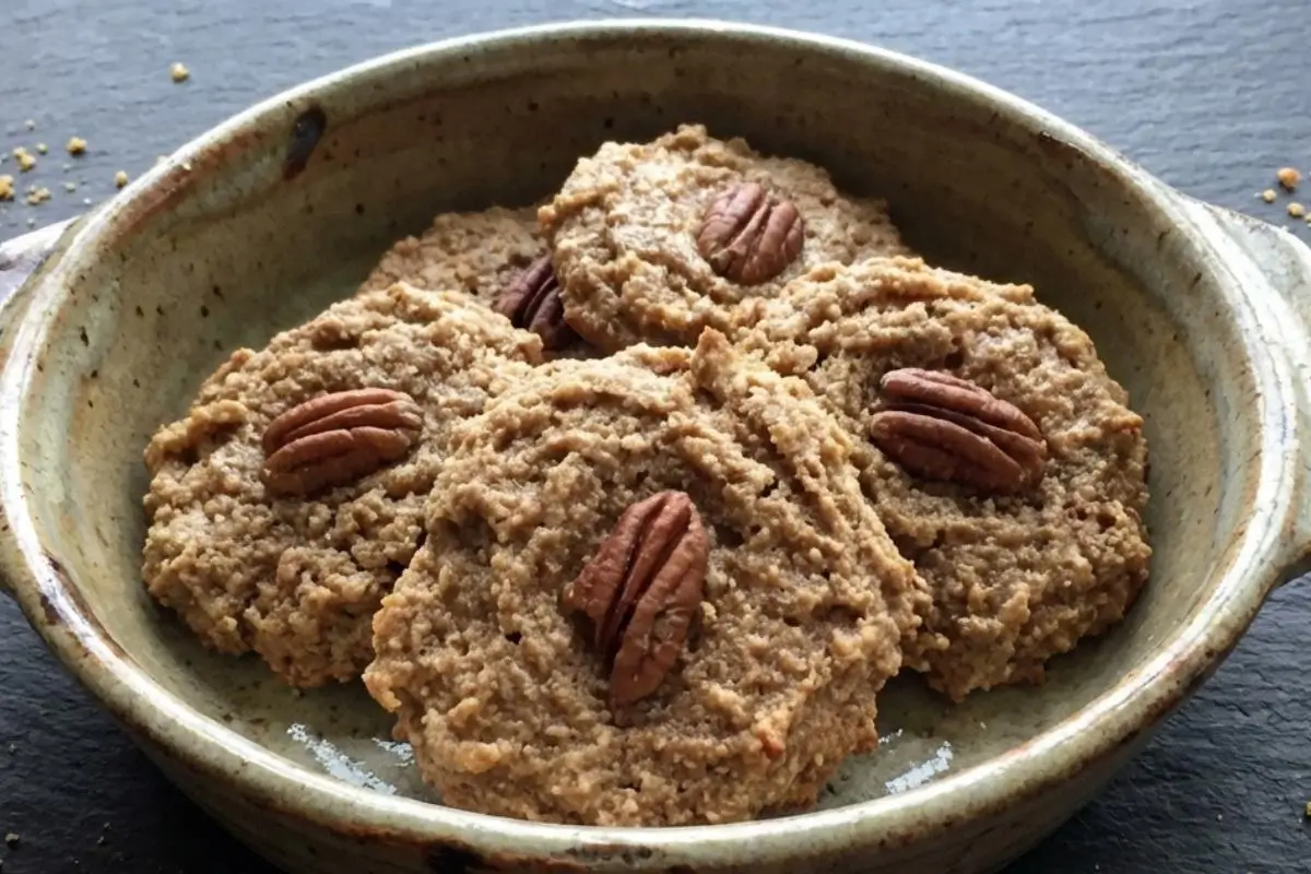 Storage, Freezing & Flavor Twists for Chewy Brown Sugar Pecan Oatmeal Cookies An overhead view showing how to store chewy brown sugar pecan oatmeal cookies, featuring a shallow, rustic ceramic dish filled with thick, baked oatmeal cookies topped with whole pecans, sitting on a dark stone surface with a few scattered crumbs.