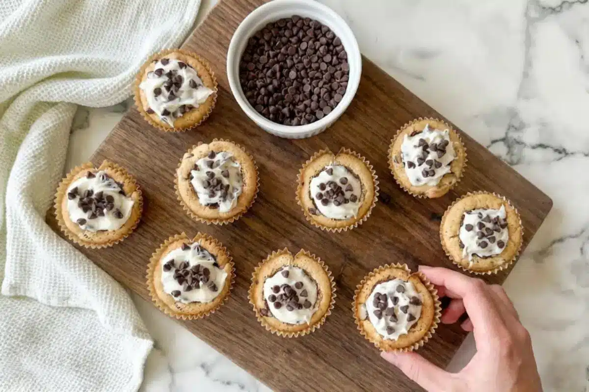 Storage & Freezing For Your Cannoli Cookie Cups An overhead view of a rustic wooden board on a marble surface showing how to store cannoli cookie cups, featuring several filled treats in paper liners, a small white bowl of chocolate chips, and a hand reaching down to grab a cookie.
