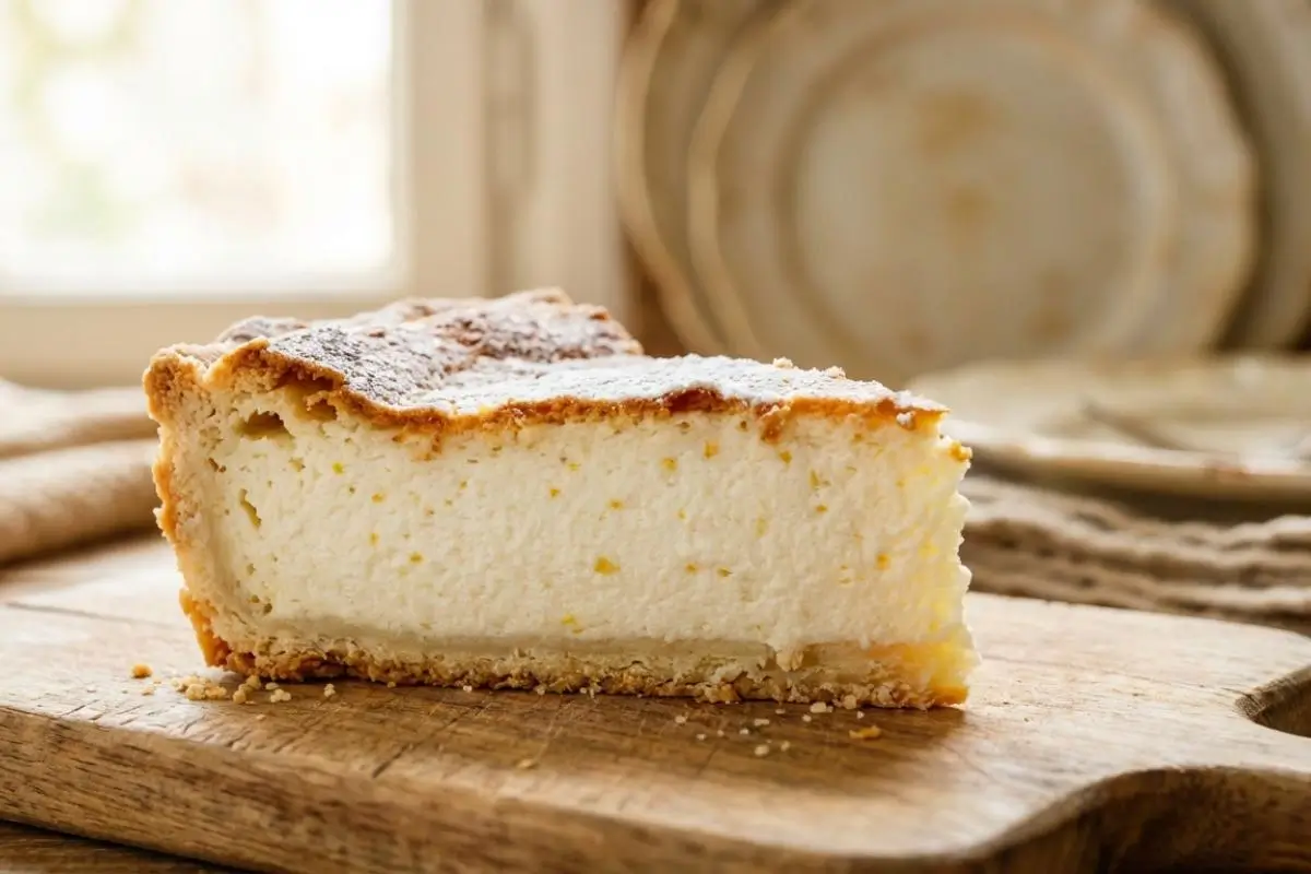 Storage & Freezing For Your Ricotta Pie A thick, beautiful slice of dessert dusted with powdered sugar rests on a rustic wooden cutting board, showcasing its perfectly firm texture for our guide on storing ricotta pie.