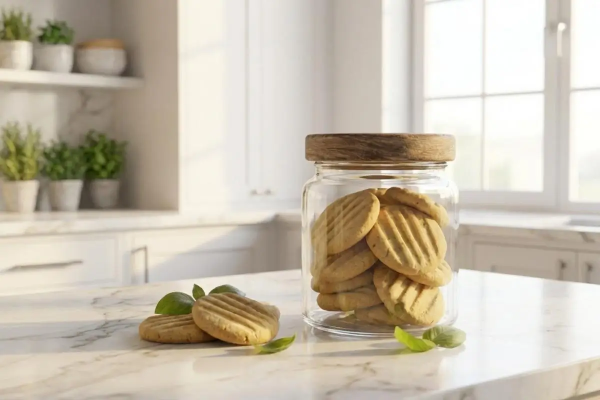 Storage & Freezing Pro-Tip for Easy Entertaining A clear glass jar with a rustic wooden lid filled to the brim with freshly baked lemon lime basil Italian shortbread cookies, sitting in warm, natural sunlight on a bright kitchen counter with a few extra cookies and fresh basil leaves resting beside it.
