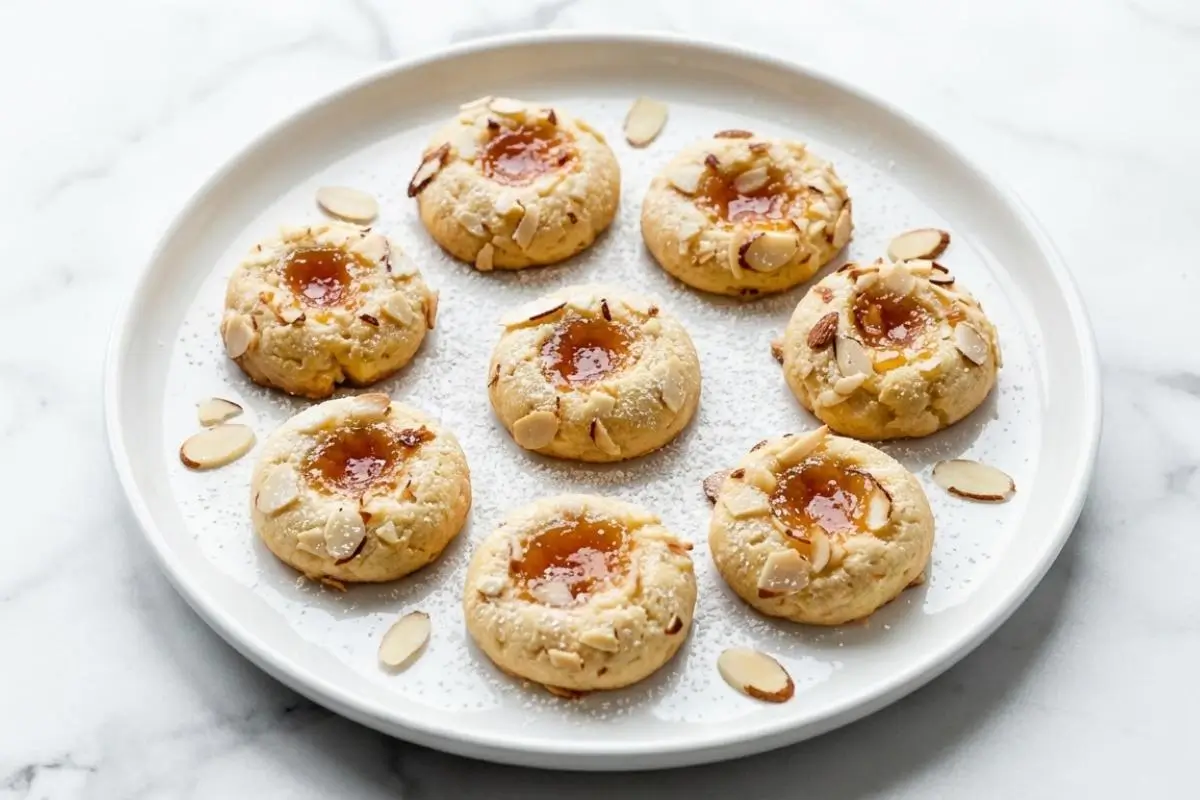 Storage & Freezing Pro-Tip for Entertaining A round white plate holding eight baked apricot cream cheese cookies, featuring bright jam centers, sliced almonds, and a dusting of powdered sugar, ready to be stored or served for entertaining.