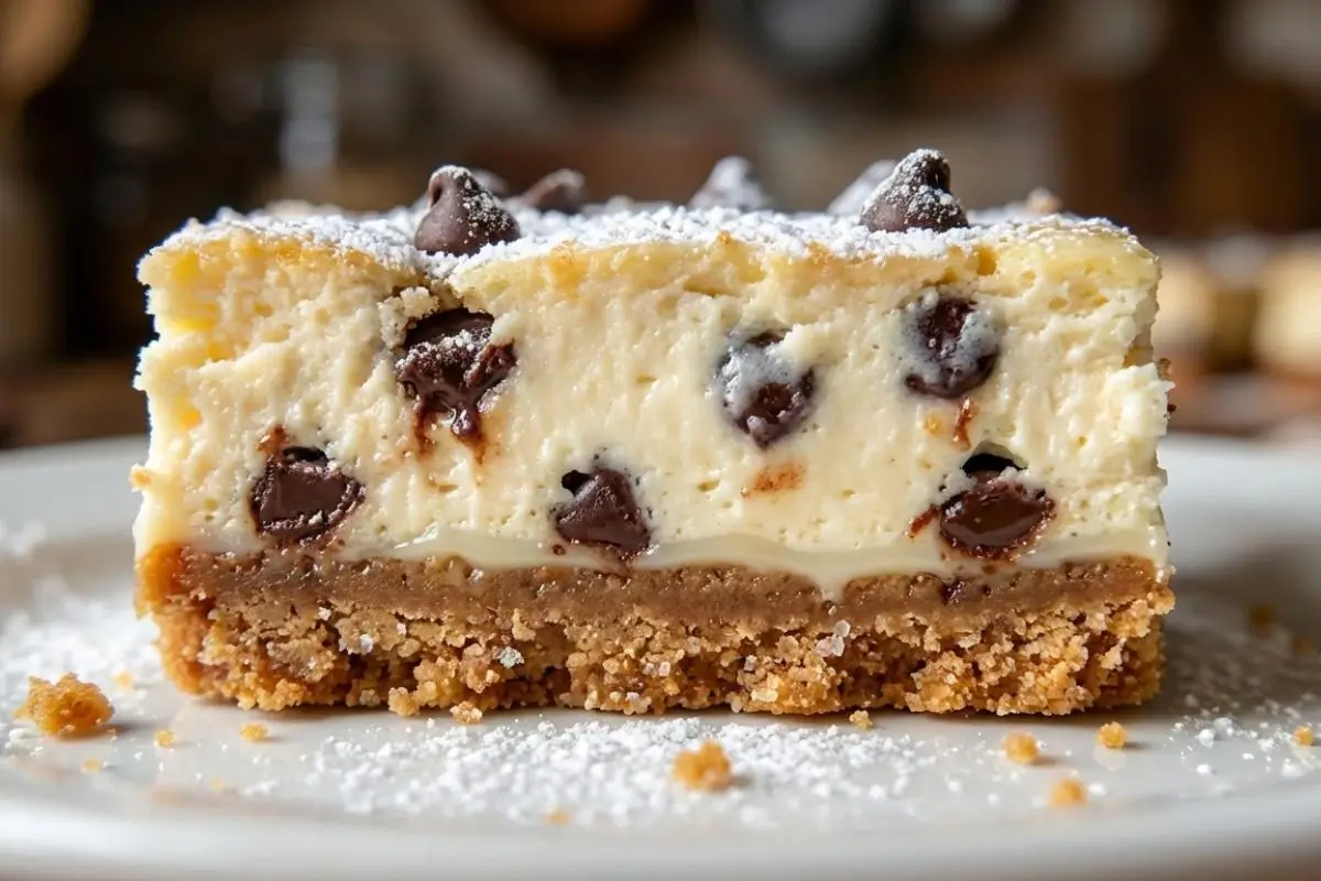 Storage & Freezing The Party Prep Secret A close-up side profile of a thick cannoli cheesecake bar on a white plate, showing a crisp graham cracker crust beneath a creamy ricotta filling studded with chocolate chips, perfectly demonstrating how to store cannoli cheesecake bars to maintain their beautiful texture.