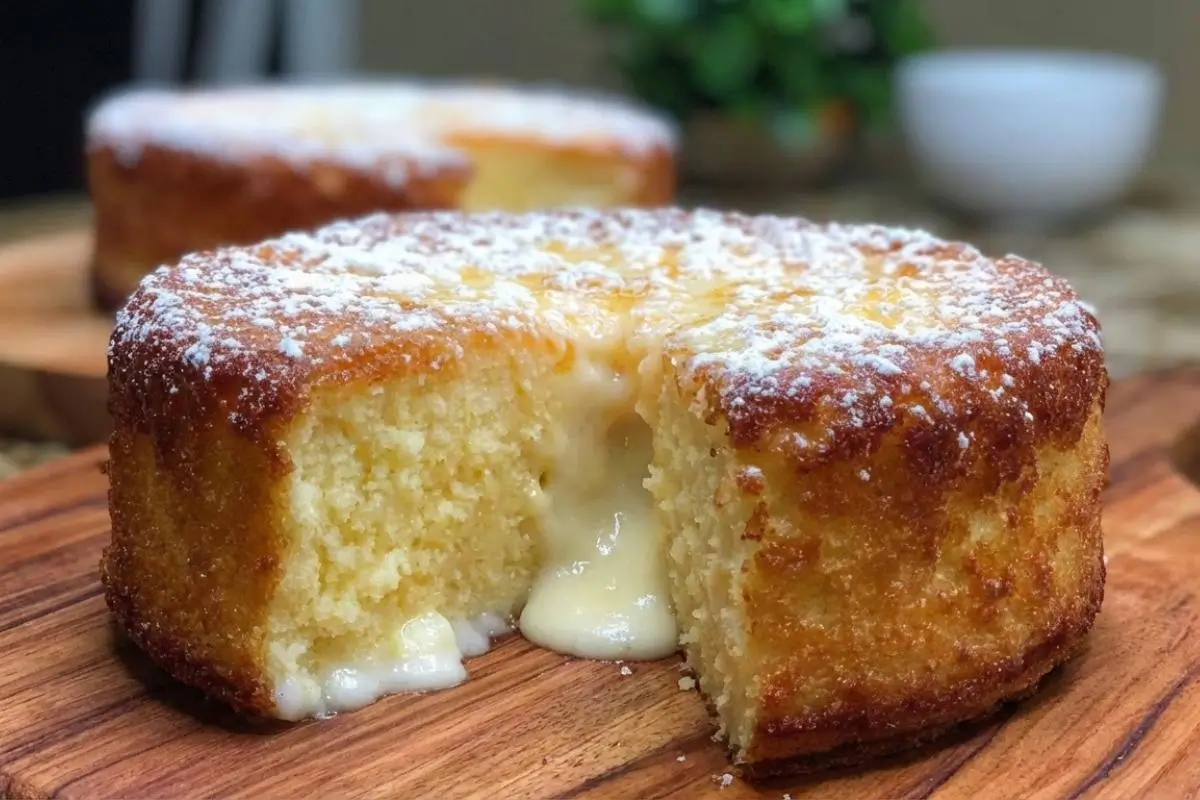 Storage & Freezing Your Make Ahead Party Plan A golden make-ahead limoncello ricotta cake dusted with powdered sugar rests on a rustic wooden board, with a missing slice revealing a luscious, creamy lemon center flowing out.