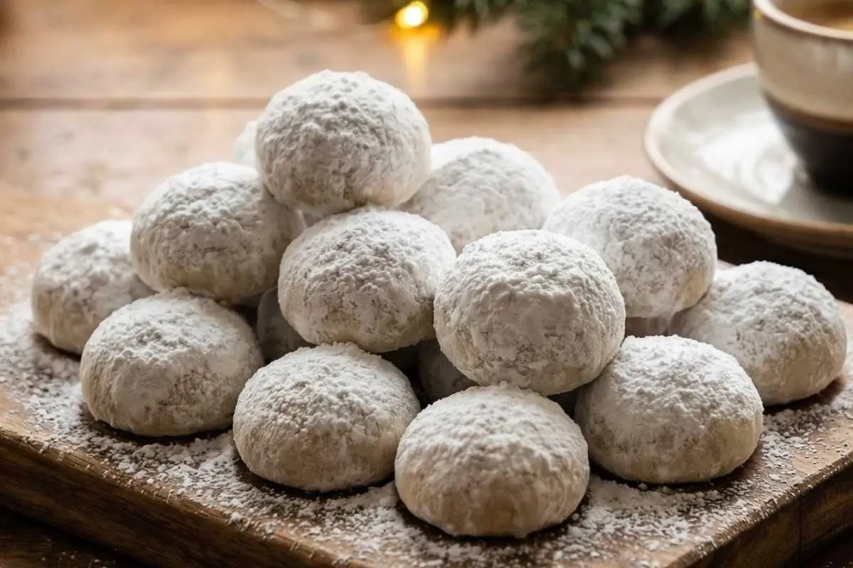 Storage & Freezing An overhead view of almond snowball cookie ingredients on a rustic wooden table, including almond flour in a wooden bowl, rich butter, whole almonds, a vintage sifter of powdered sugar, eggs, vanilla extract, and a jar of bright red raspberry jam.
