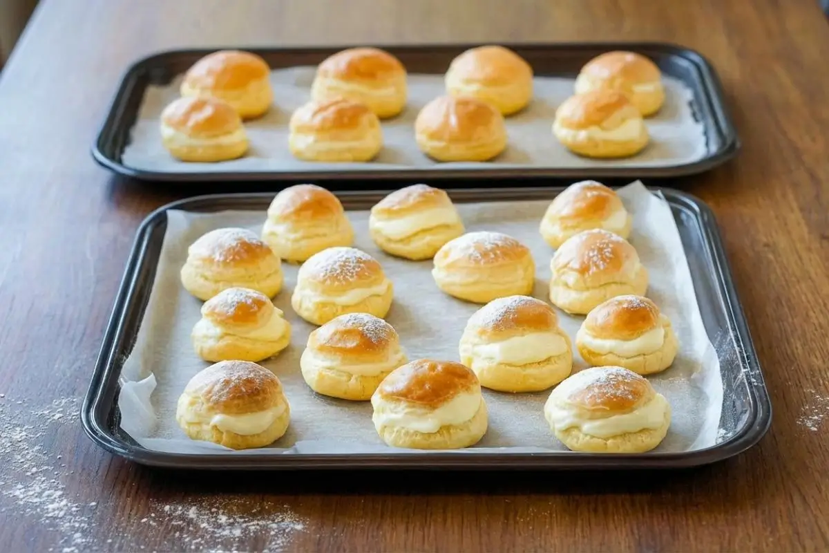 Storing & Assembling Your Comforting Bakes Two dark, parchment-lined baking sheets resting on a wooden table, displaying beautifully filled pastries to demonstrate the best methods for assembling and storing homemade Italian cream puffs.