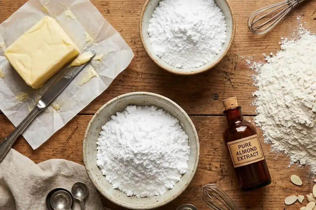 The Foolproof Ingredients List & A Crucial Warning A rustic wooden table laid out with almond meltaway cookie ingredients, featuring a block of softened butter on parchment paper, rustic bowls of powdered sugar, a dusting of flour, and a vintage-style bottle of pure almond extract.