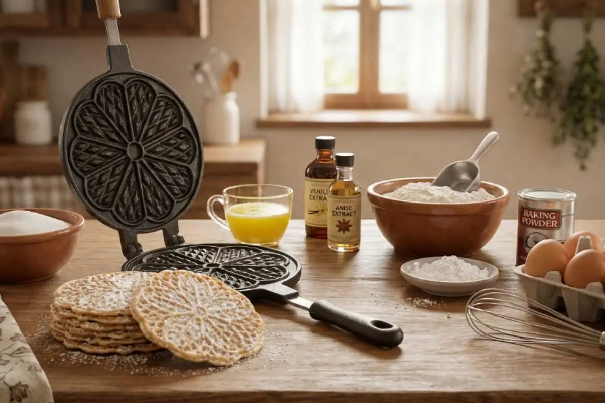 The Foolproof Ingredients List & Equipment A warm, sunlit rustic kitchen table displaying traditional pizzelle cookie ingredients like flour, eggs, sugar, melted butter, and anise extract, surrounding an open cast-iron pizzelle maker and a fresh stack of powdered cookies.