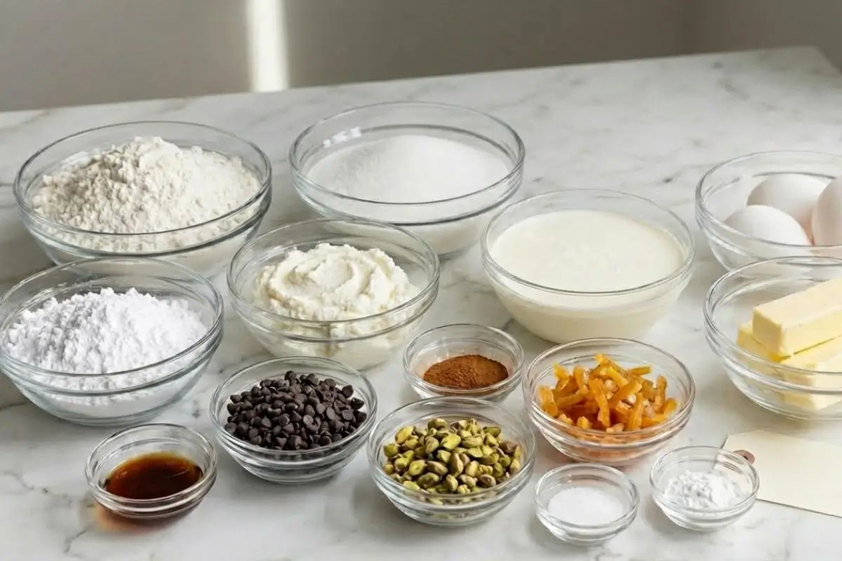 The Foolproof Ingredients List For Your Cannoli Cake with Chocolate Chips Pre-measured baking ingredients in clear glass bowls laid out on a bright countertop, ready to bake a cannoli cake with chocolate chips, featuring fresh ricotta, flour, sugar, butter, eggs, pistachios, and mini chocolate morsels.