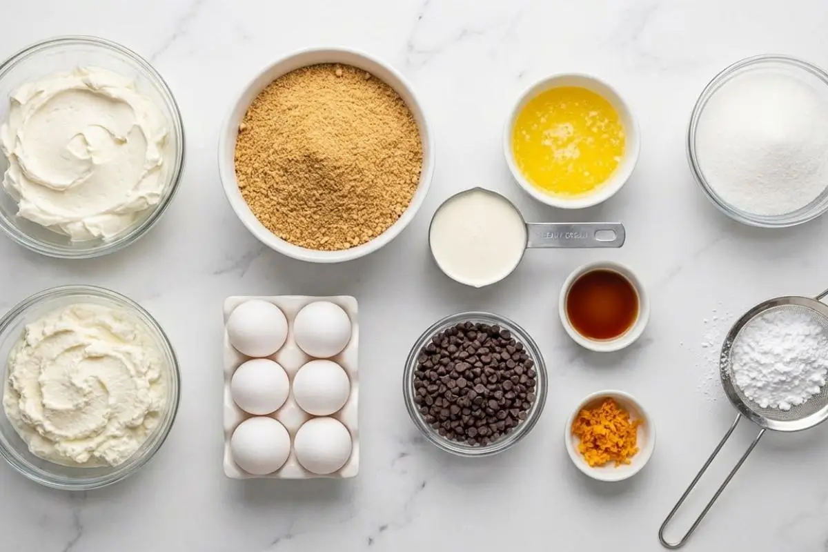 The Foolproof Ingredients List For Your Cannoli Cheesecake Bars A neat, top-down view of pre-measured cannoli cheesecake bars ingredients arranged on a bright marble countertop, including glass bowls of creamy ricotta, cream cheese, graham cracker crumbs, eggs, mini chocolate chips, and fresh orange zest.