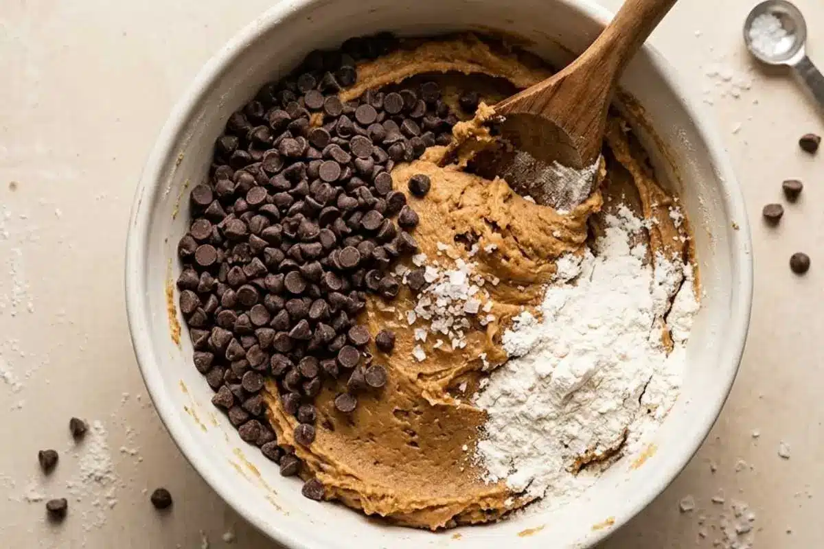 The Foolproof Ingredients List For Your Cannoli Cookie with Ricotta Cream An overhead view of cannoli cookie ingredients in a rustic white bowl, showing a wooden spoon stirring together a golden dough base, a generous pile of chocolate chips, a mound of flour, and a sprinkle of coarse salt.