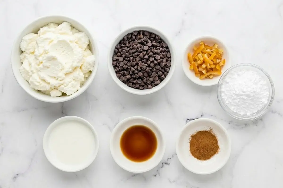 The Foolproof Ingredients List For Your Cannoli with Ricotta and Chocolate An overhead view of simple ingredients arranged in small white bowls on a light countertop to make the filling for cannoli with ricotta and chocolate chips, including fresh ricotta, mini chocolate chips, powdered sugar, candied orange peel, and spices.
