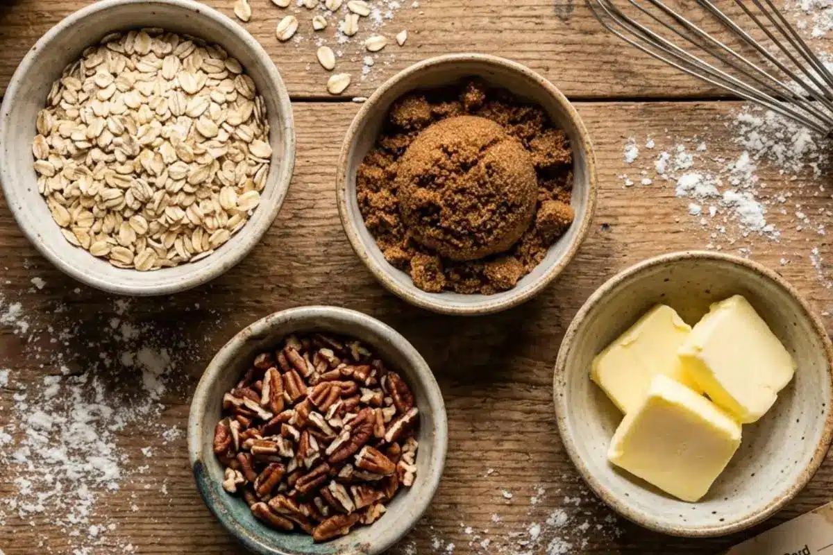 The Foolproof Ingredients List For Your Chewy Brown Sugar Pecan Oatmeal Cookie An overhead view of simple chewy brown sugar pecan oatmeal cookie ingredients on a rustic wooden table, featuring small ceramic bowls of rolled oats, packed dark brown sugar, chopped pecans, and squares of butter, alongside a wire whisk and scattered flour.