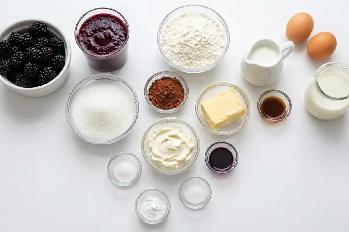 The Foolproof Ingredients List For Your Dreamiest Blackberry Velvet Cake An overhead view of the simple, foolproof ingredients needed to bake a blackberry velvet cake, including fresh blackberries, rich berry puree, flour, sugar, butter, eggs, and cocoa powder, all beautifully arranged in small glass bowls on a white table.
