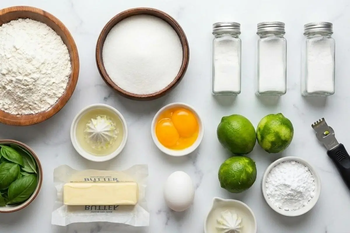 The Foolproof Ingredients List For Your Lemon Lime Basil Italian Shortbread Cookie An overhead view of the fresh lemon lime basil Italian shortbread cookie ingredients, including rustic wooden bowls of flour and sugar, fresh bright limes, a bowl of fresh green basil leaves, butter, eggs, and small glass spice jars, beautifully arranged on a light countertop ready for baking.