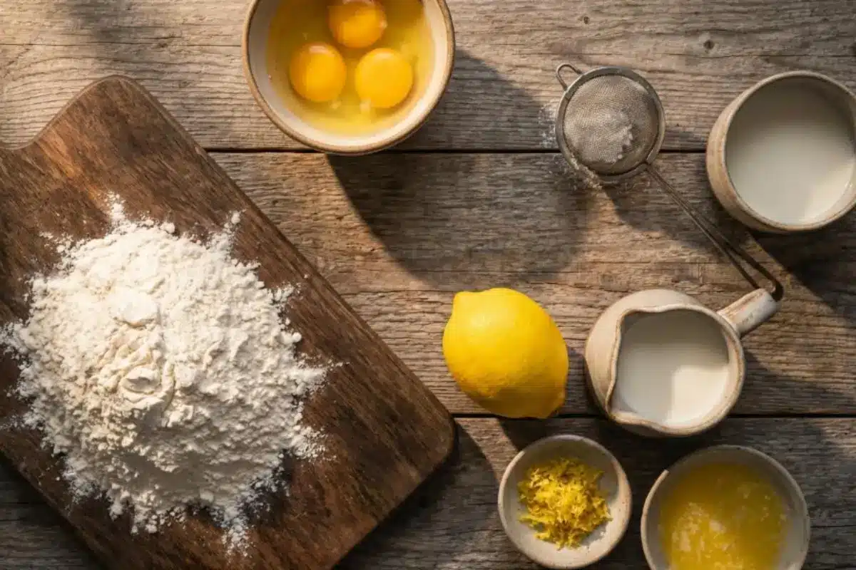 The Foolproof Ingredients List & Regional Names An overhead view of simple Italian crostoli ingredients bathed in warm sunlight on a rustic wooden table, featuring a mound of flour on a cutting board, fresh eggs, milk, melted butter, a whole lemon, and a small bowl of bright lemon zest.