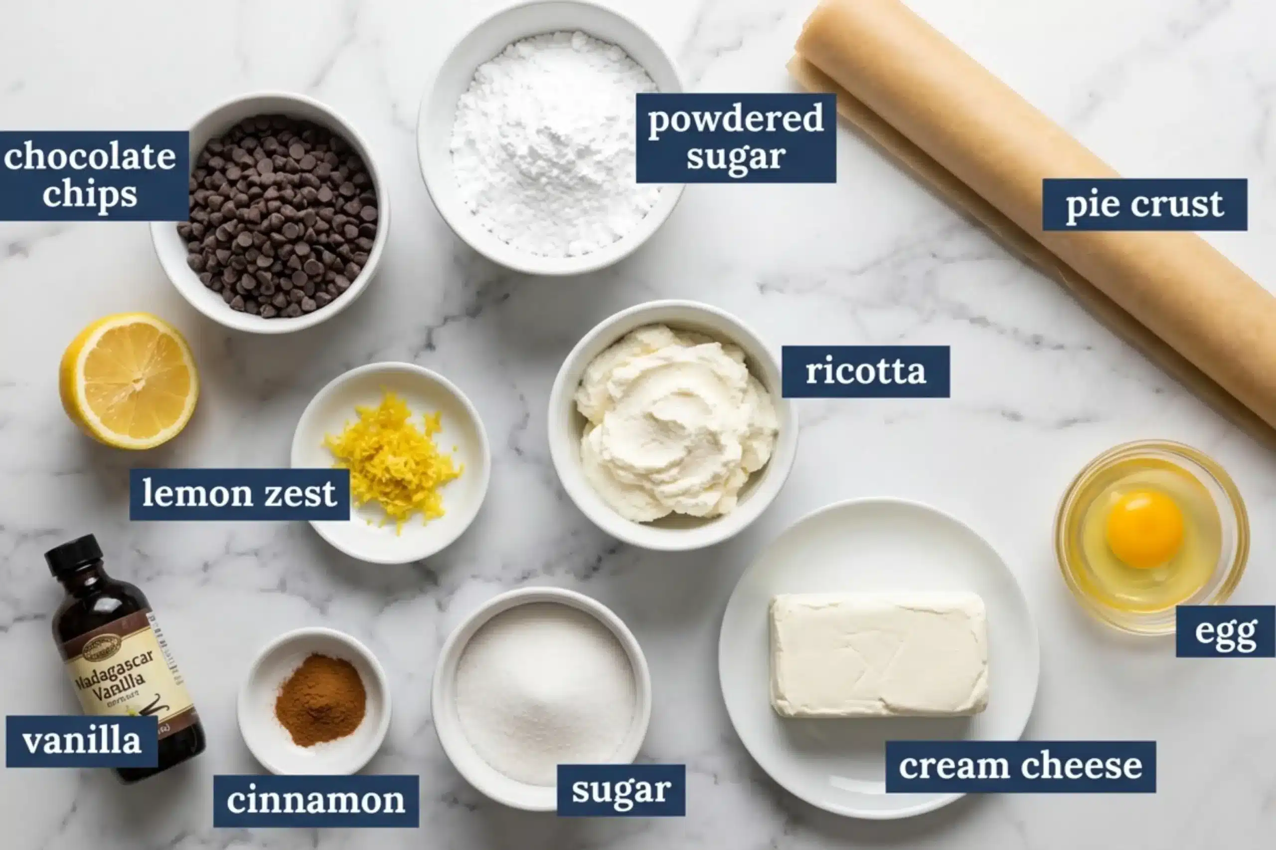 The Foolproof Ingredients List for Your Cannoli Cookie Cups An overhead view of the essential cannoli cookie cup ingredients laid out on a bright marble surface, featuring labeled bowls of ricotta, cream cheese, chocolate chips, sugar, cinnamon, lemon zest, vanilla, an egg, and a rolled pie crust.