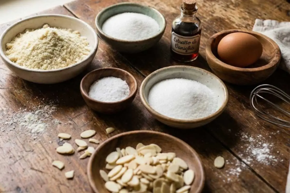 The Foolproof Ingredients List for your Italian Almond Sugar Cookies An overhead view of the simple Italian almond sugar cookie ingredients, featuring rustic bowls of almond flour, granulated sugar, an egg, sliced almonds, and a vintage bottle of vanilla extract resting on a flour-dusted weathered wooden table.
