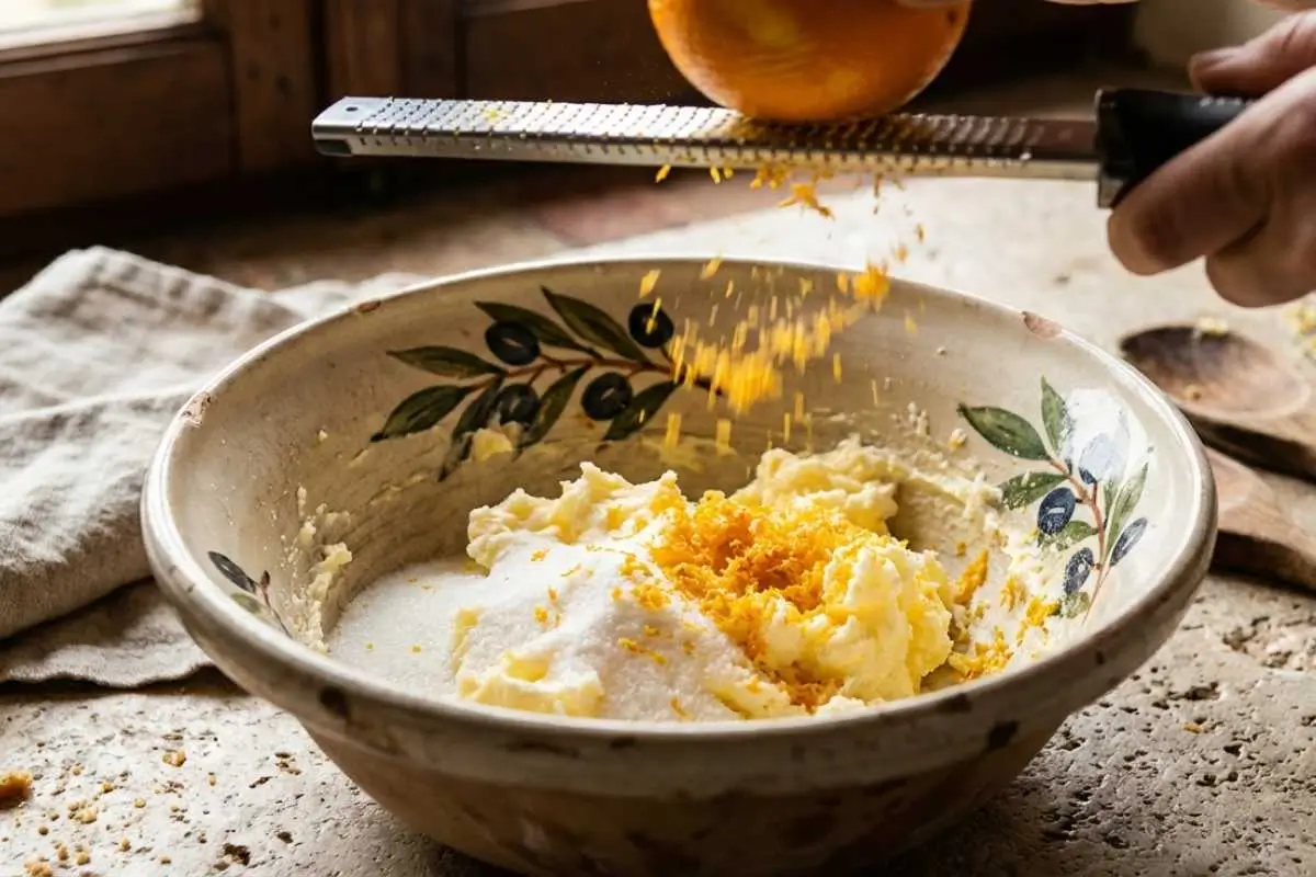 The Foolproof Ingredients List for your Italian Orange Ricotta Cookies A close-up of hands grating fresh orange zest over a rustic, olive-patterned ceramic bowl filled with butter and sugar, showcasing the essential Italian orange ricotta cookie ingredients on a textured stone countertop.