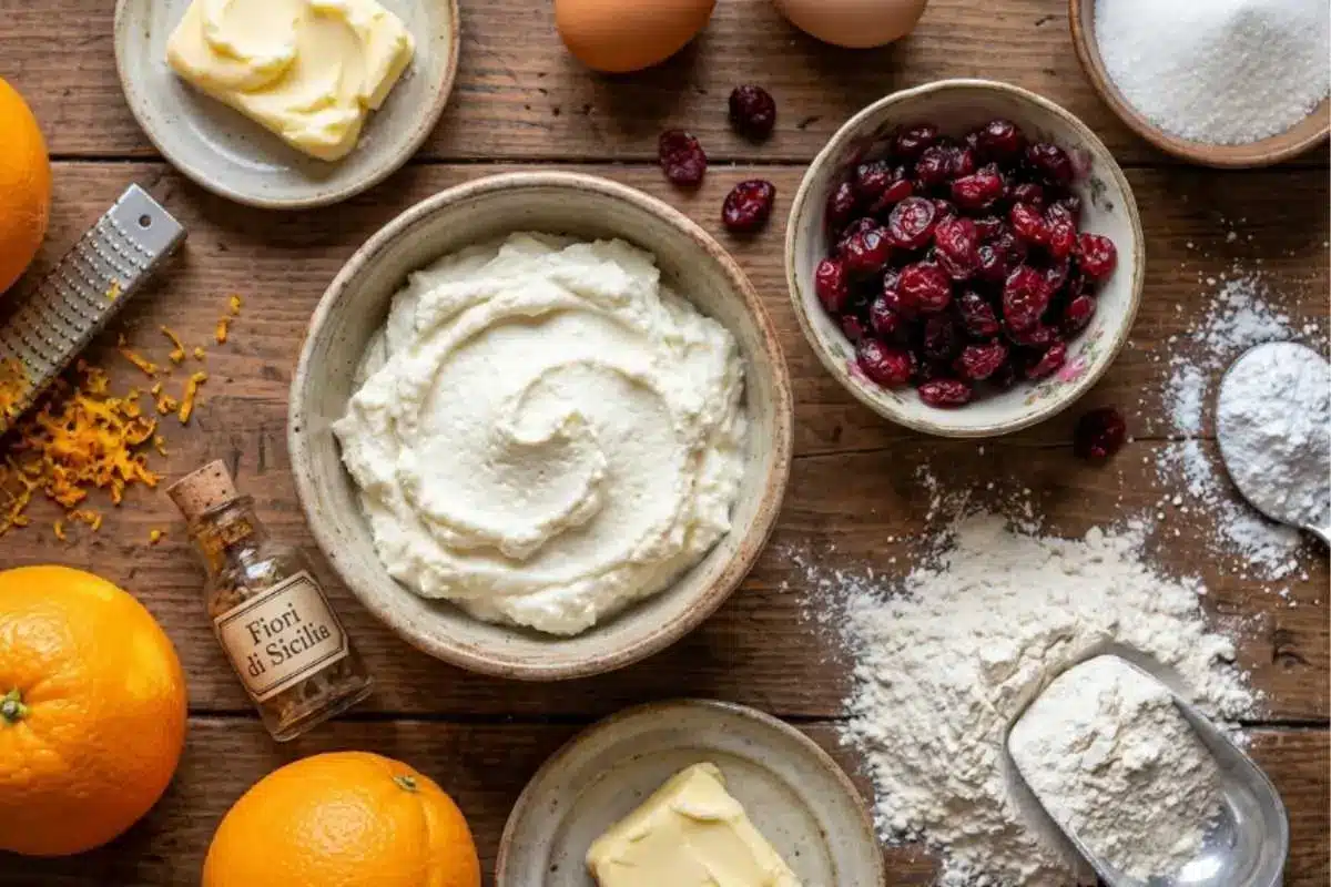 The Foolproof Ingredients List for your Orange Cranberry Ricotta Cookies An overhead view of fresh orange cranberry ricotta cookie ingredients arranged on a rustic wooden table, featuring a central bowl of creamy ricotta cheese, dried cranberries, fresh oranges with bright zest, butter, farm eggs, scattered flour, and a vintage bottle of extract.