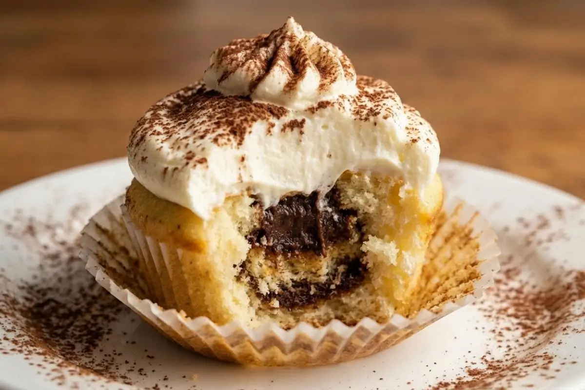 The Hostess Prep Timeline Storage & Assembly A close-up of a tiramisu cupcake on a cocoa-dusted white plate with a bite taken out, showing the perfect tiramisu cupcake assembly with a rich, dark espresso filling hidden beneath fluffy mascarpone frosting.