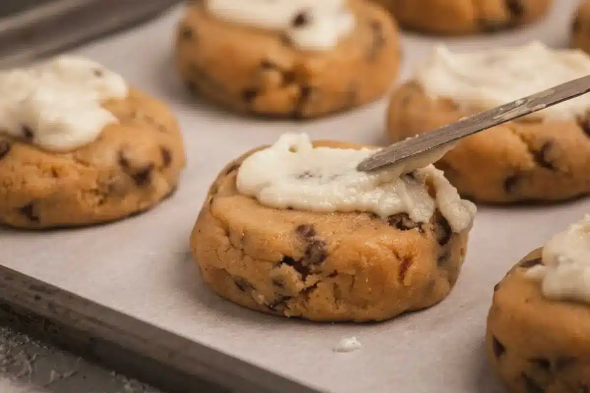 The Host's Timeline & Fun Variations A close-up of a metal icing spatula spreading sweet, white cannoli cookie frosting over the top of a soft, baked chocolate chip cookie resting on a parchment-lined baking tray.