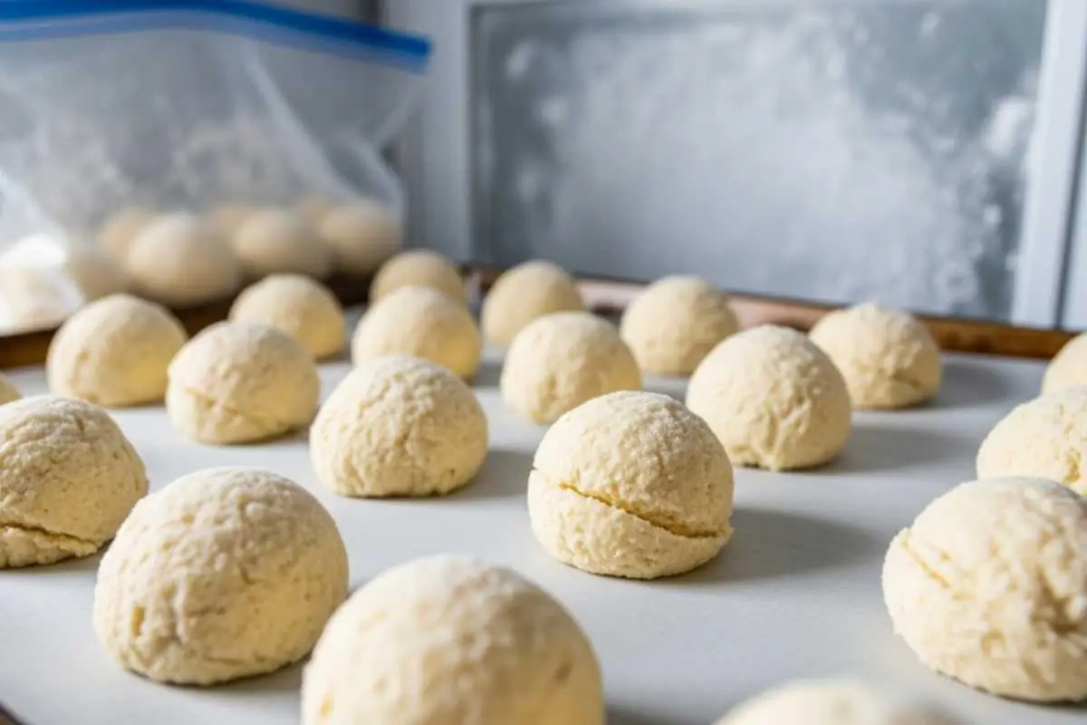 The Host's Timeline Storage & Freezing A close-up view of perfectly round, unbaked dough balls arranged on a parchment-lined baking sheet inside a frost-covered freezer, demonstrating the best method for freezing Italian orange ricotta cookies with a storage bag in the background.